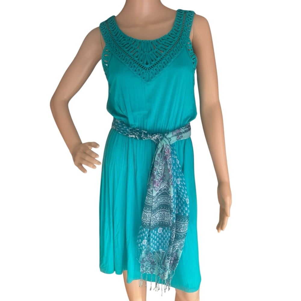 Cable & Gauge Turquoise Sleeveless Dress w/ Scarf Belt Crochet Neck S